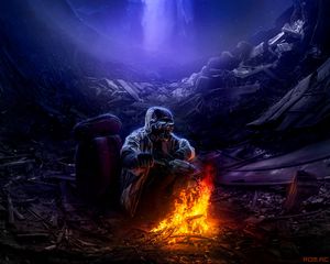 Preview wallpaper cave, man, fire, art, sci-fi