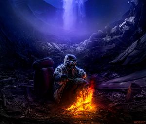 Preview wallpaper cave, man, fire, art, sci-fi