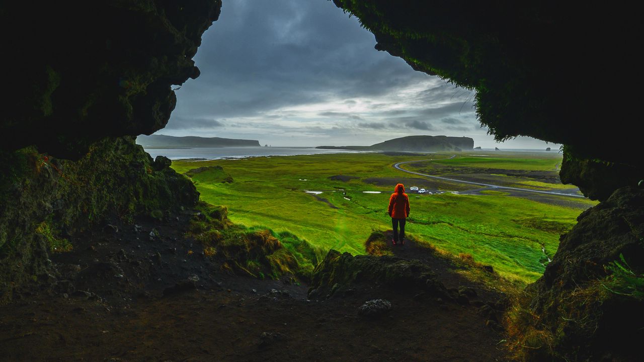Wallpaper cave, man, landscape, coast, greenery