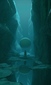 Preview wallpaper cave, man, sphere, stones, art