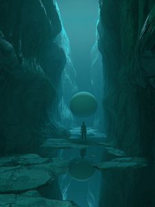 Preview wallpaper cave, man, sphere, stones, art