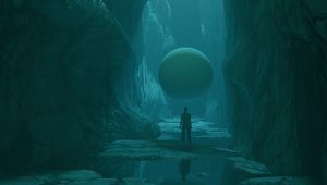 Preview wallpaper cave, man, sphere, stones, art