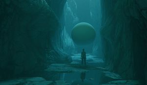 Preview wallpaper cave, man, sphere, stones, art
