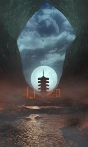 Preview wallpaper cave, pagoda, moon, night, fog