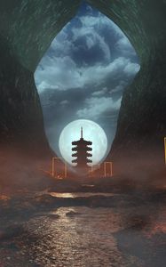 Preview wallpaper cave, pagoda, moon, night, fog