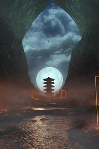 Preview wallpaper cave, pagoda, moon, night, fog