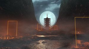 Preview wallpaper cave, pagoda, moon, night, fog