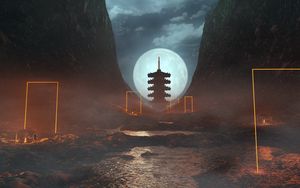 Preview wallpaper cave, pagoda, moon, night, fog