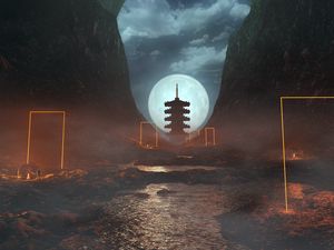 Preview wallpaper cave, pagoda, moon, night, fog