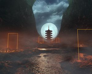 Preview wallpaper cave, pagoda, moon, night, fog