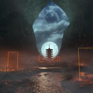 Preview wallpaper cave, pagoda, moon, night, fog