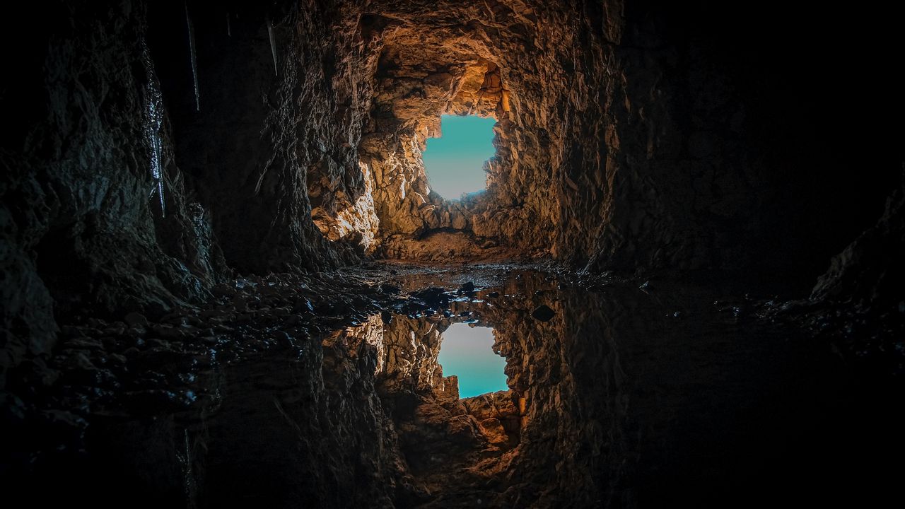Wallpaper cave, puddle, water, reflection
