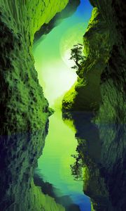 Preview wallpaper cave, river, tree, reflection, green