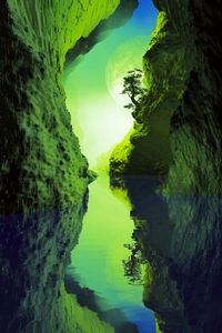 Preview wallpaper cave, river, tree, reflection, green
