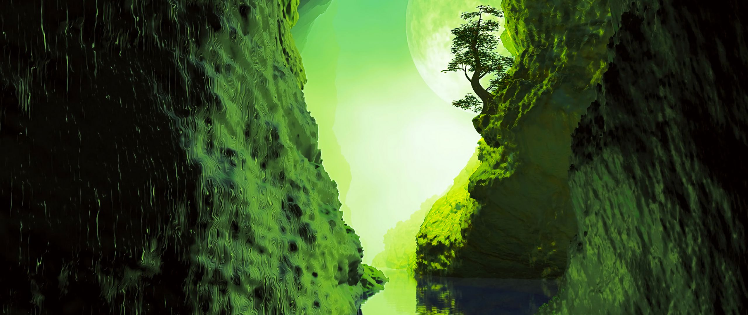 Download wallpaper 2560x1080 cave, river, tree, reflection, green dual