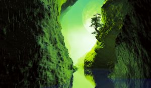 Preview wallpaper cave, river, tree, reflection, green