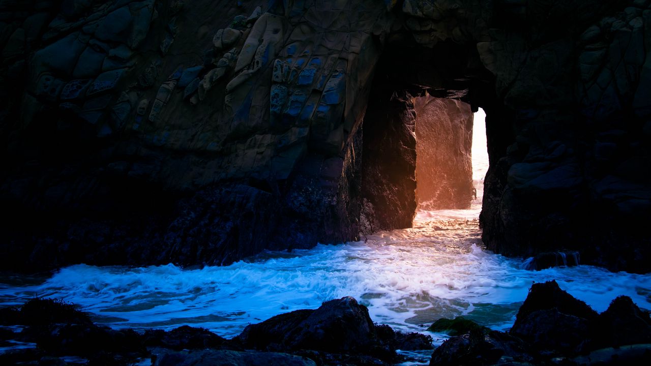 Wallpaper cave, rock, light, water, stones