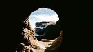 Preview wallpaper cave, rock, water, waves, dark