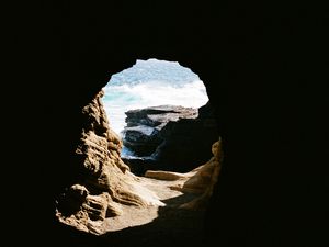 Preview wallpaper cave, rock, water, waves, dark