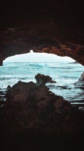 Preview wallpaper cave, rock, waves, sea