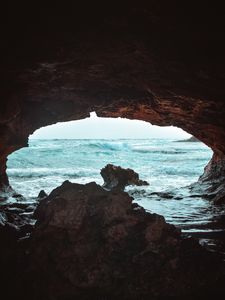 Preview wallpaper cave, rock, waves, sea
