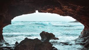Preview wallpaper cave, rock, waves, sea