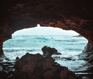 Preview wallpaper cave, rock, waves, sea