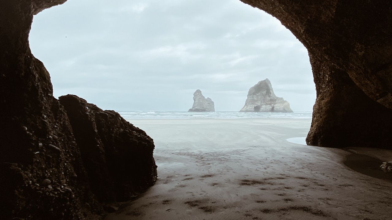 Wallpaper cave, rocks, beach, sea