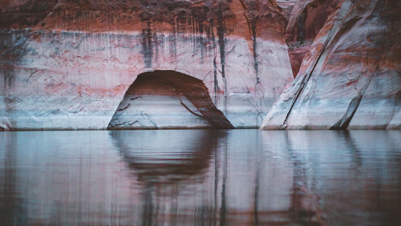 Wallpaper cave, rocks, lake, reflection