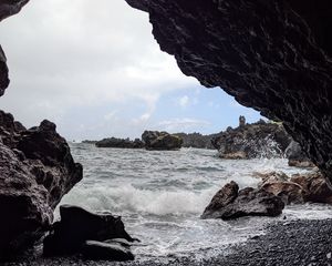 Preview wallpaper cave, rocks, sea, pebbles