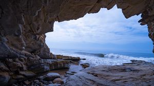 Preview wallpaper cave, rocks, sea, waves, water