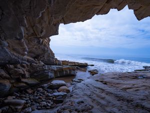 Preview wallpaper cave, rocks, sea, waves, water