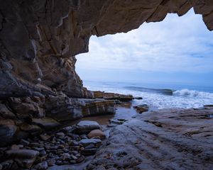 Preview wallpaper cave, rocks, sea, waves, water