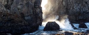 Preview wallpaper cave, rocks, stones, sea, spray