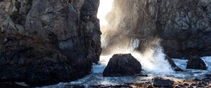 Preview wallpaper cave, rocks, stones, sea, spray