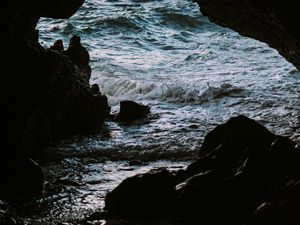 Preview wallpaper cave, rocks, stones, sea