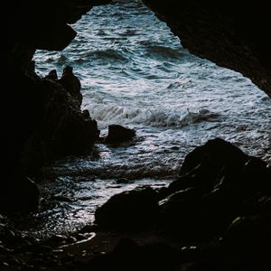 Preview wallpaper cave, rocks, stones, sea