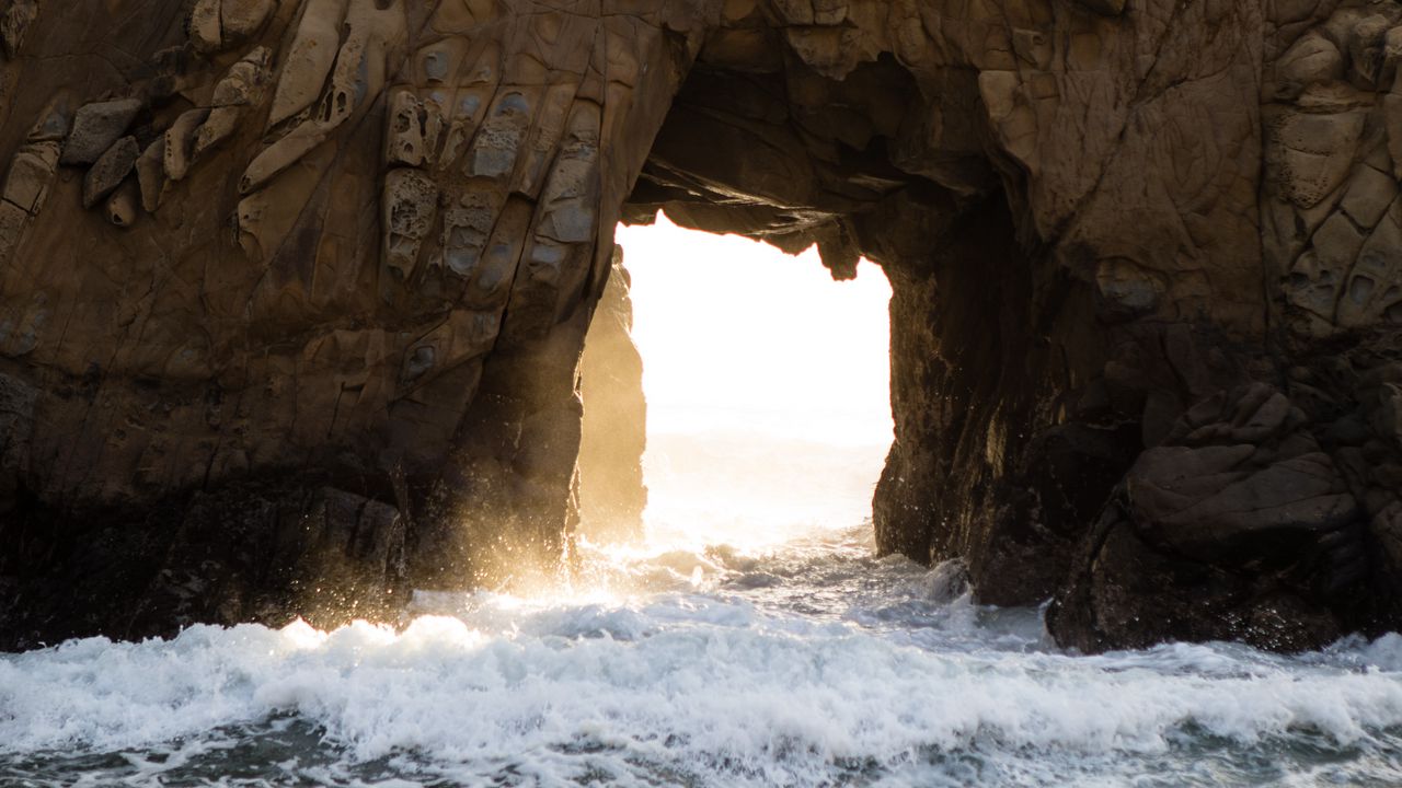 Wallpaper cave, rocks, waves, water