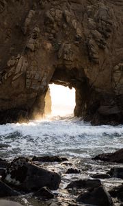 Preview wallpaper cave, rocks, waves, water