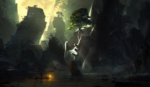 Preview wallpaper cave, ruins, hand, handbreadth, stone, fantasy