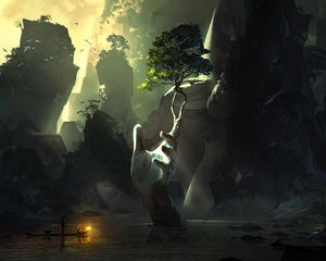 Preview wallpaper cave, ruins, hand, handbreadth, stone, fantasy