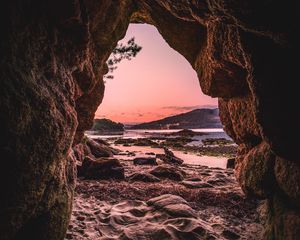 Preview wallpaper cave, sand, stones, sea, nature
