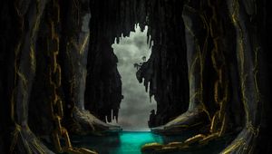 Preview wallpaper cave, ship, river, rocks, chains, art
