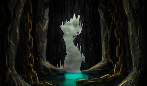 Preview wallpaper cave, ship, river, rocks, chains, art