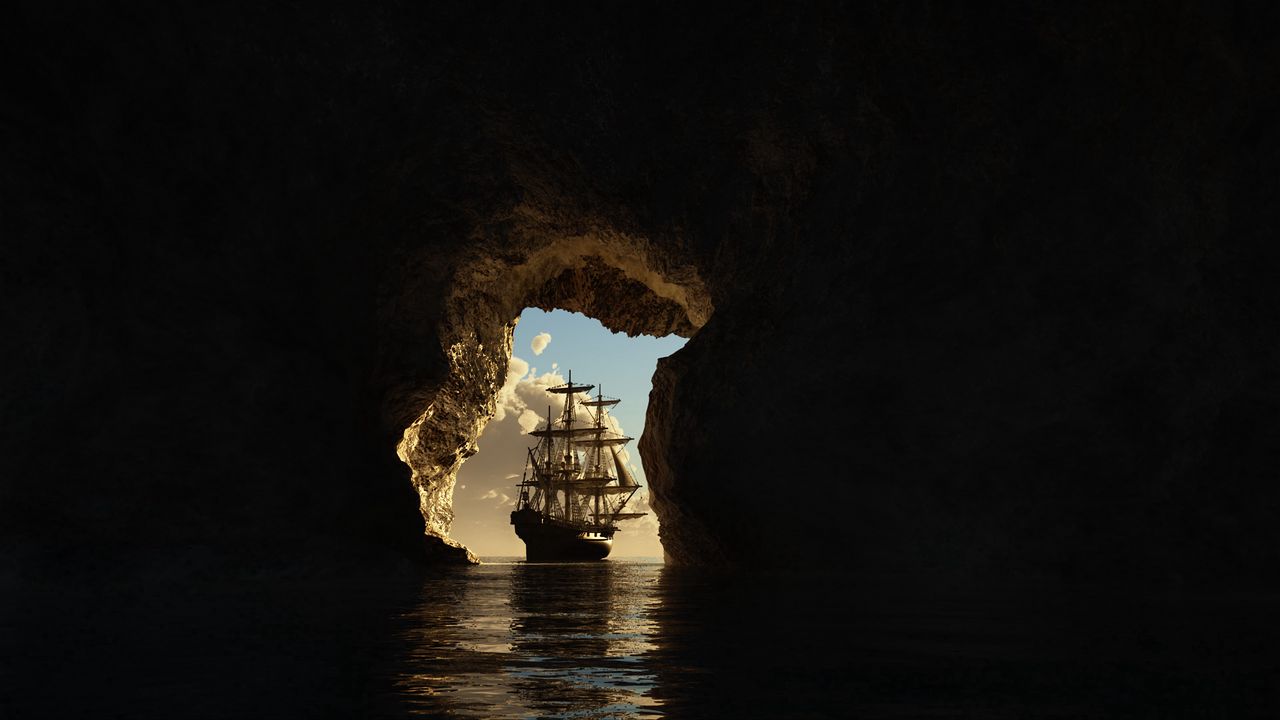 Wallpaper cave, ship, sea, art, dark