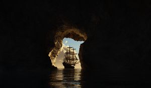 Preview wallpaper cave, ship, sea, art, dark