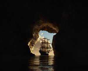 Preview wallpaper cave, ship, sea, art, dark