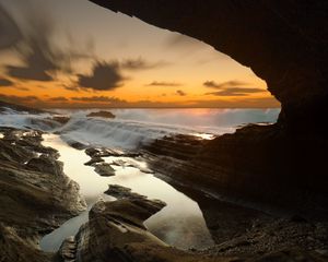 Preview wallpaper cave, shore, waves, sea