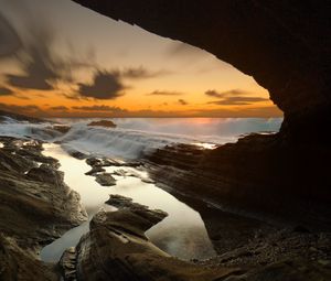 Preview wallpaper cave, shore, waves, sea