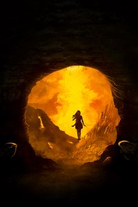 Preview wallpaper cave, silhouette, fire, flash, dark, entrance